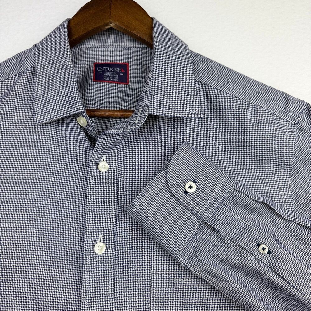 UNTUCKit Men's Medium Blue Houndstooth Wrinkle Free Cotton Button Down Shirt
